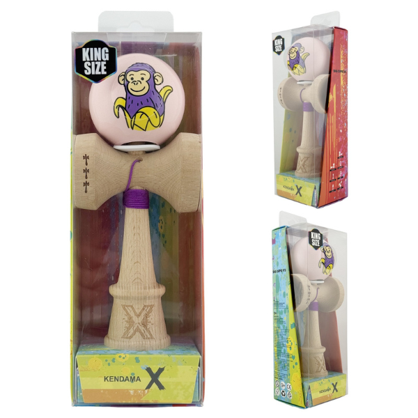 «Kendama Super Sticky X Original», металлический подшипник, веревка 62/65 см, King size 7.5 x 6 x 18 см , «Обезьянка», розовая