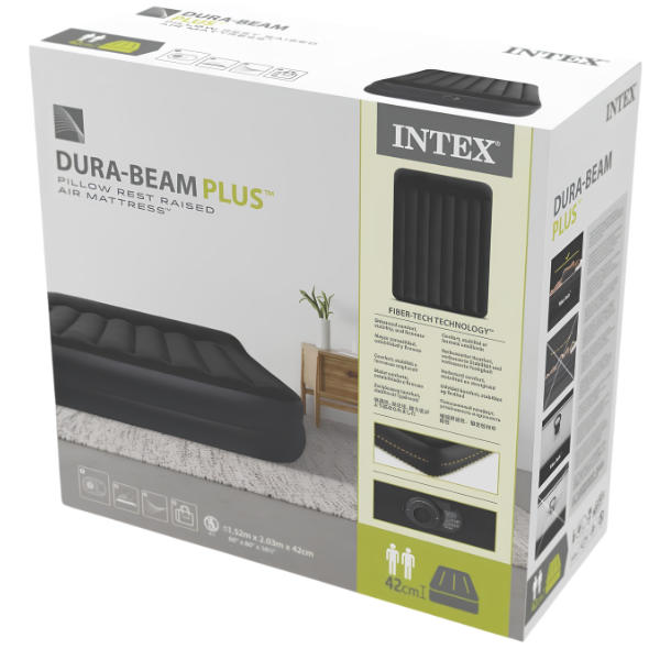 INTEX Надувной матрас “Velur Pillow” 152x203x42 см с подголовником, встр.нас. 220В, до 272кг