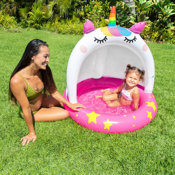 INTEX Детский надувной бассейн с навесом «Единорог» 102 х 102 см, 45 Л, 1- 3 лет